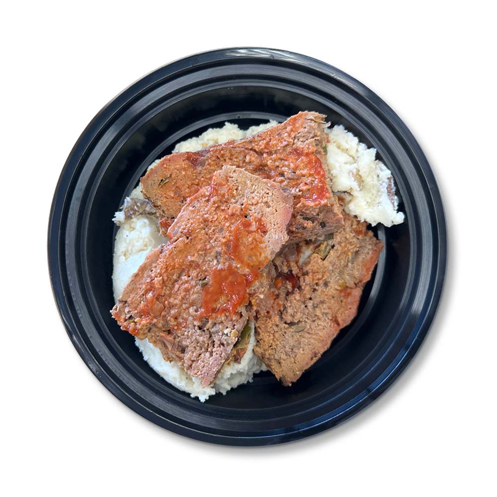 Meatloaf and Mashed Potatoes Bowl. Nutrition Faktory Foods. High protein meal Prep.